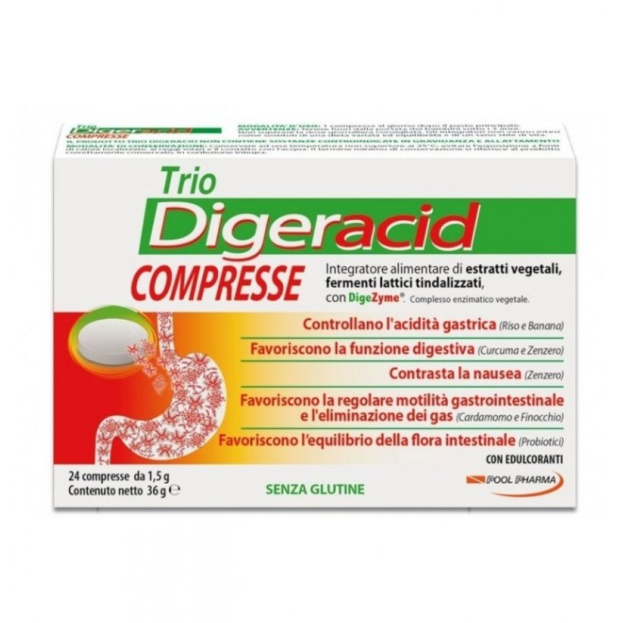 Trio Digeracid 24 Compresse - Integratore Alimentare a Base di Estratti Vegetali ed Enzimi con Fermenti Lattici