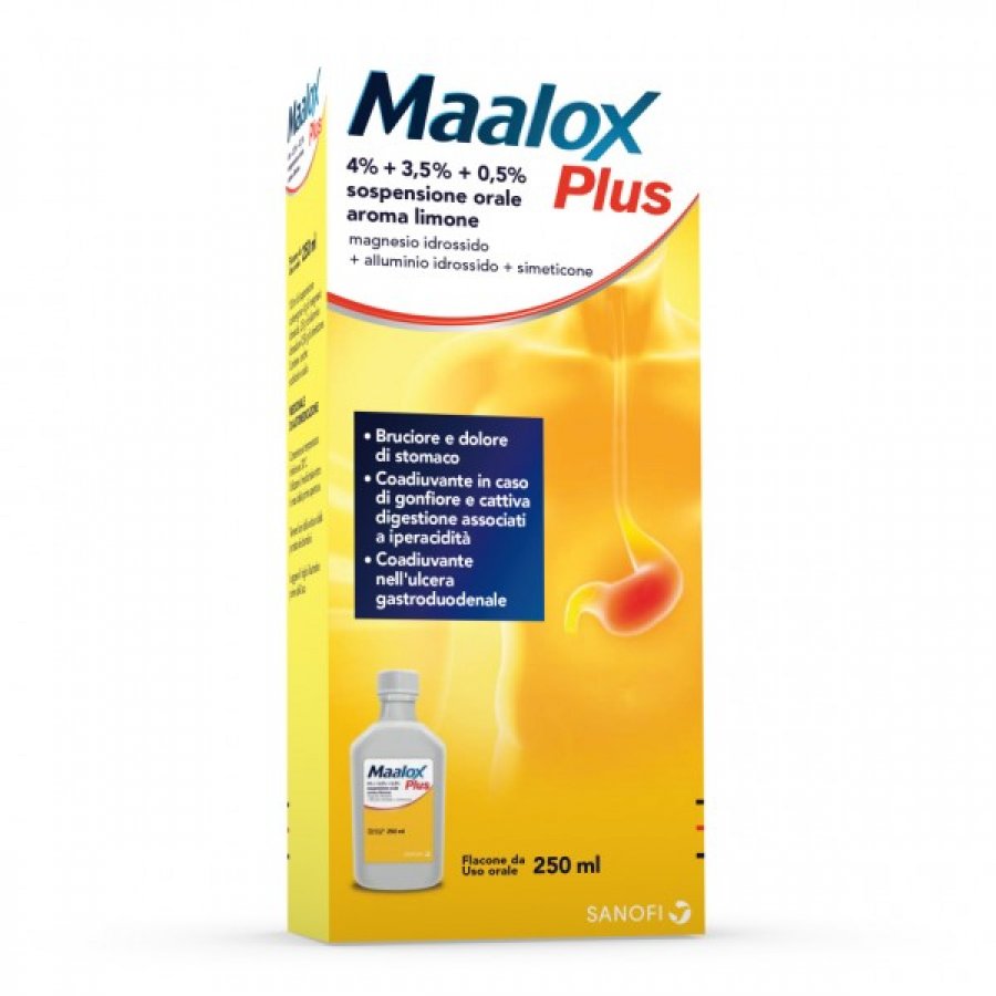Maalox Plus Sospensione Orale Limone 250ml - Trattamento del Bruciore di Stomaco e del Dolore Associato