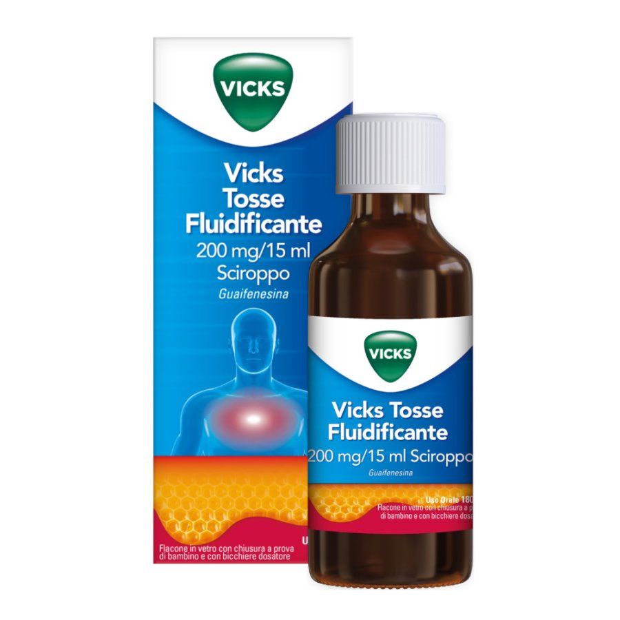 VICKS Tosse Fluidificante Sciroppo Tosse Grassa 200 mg/15 ml Guaifenesina, 180 ml VICKS Tosse Fluidificante Sciroppo Tosse Grassa 200 mg/15 ml Guaifenesina, 180 ml