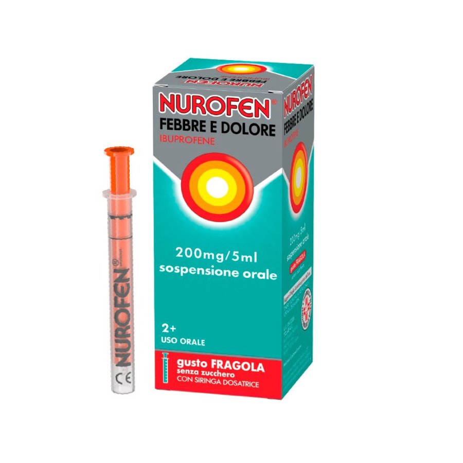Nurofen Febbre e Dolore Bambini 200mg/5ml Sciroppo 100ml Gusto Fragola - Sollievo Veloce per i Bambini