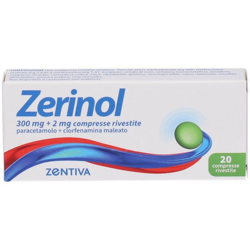 Zerinol 300mg, Paracetamolo + 2mg Clorfenamina Maleato, 20 Compresse Rivestite