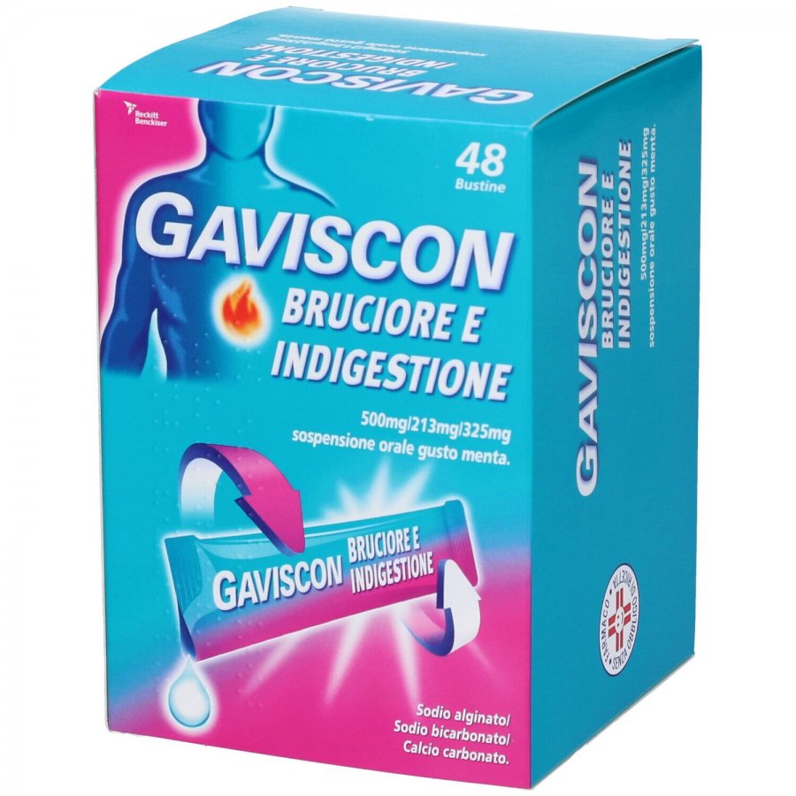 Gaviscon Bruciore e Indigestione Sospensione Orale 48 Bustine da 10ml Gusto Menta - Soluzione per il Benessere Gastrico