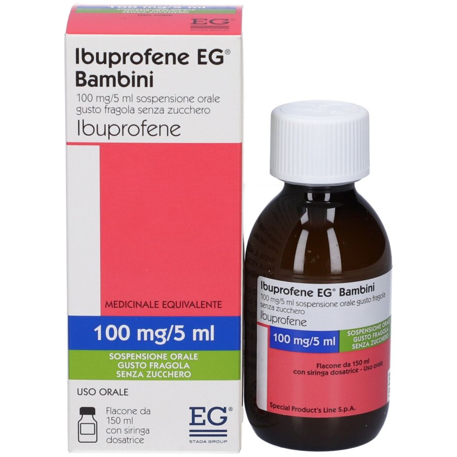 Ibuprofene Bambini 100 mg/5 ml Sospensione Orale Gusto Fragola Senza Zucchero, 150 ml