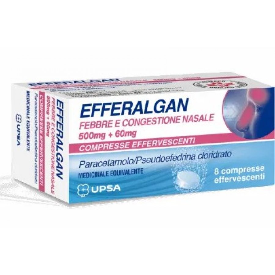 Efferalgan Febbre e Congestione Nasale 8 Compresse Effervescenti 500mg + 60mg - Antidolorifico per Raffreddore e Influenza
