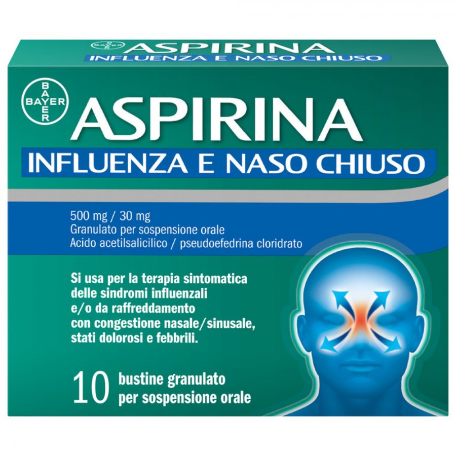 Aspirina Influenza e Naso Chiuso - Antinfiammatorio, Antidolorifico Decongestionante - 10 Bustine