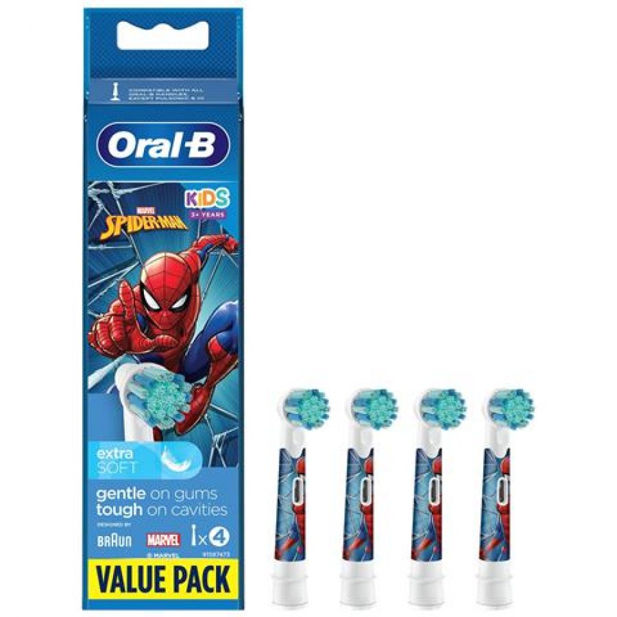 Oral-B Testine Kids Spiderman Confezione 4 Pezzi - Testine di ricambio per bambini con personaggi di Spiderman