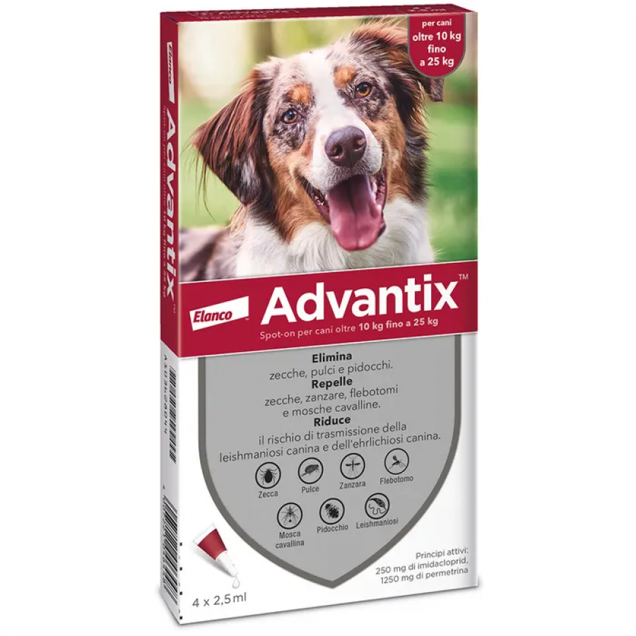 Advantix Spot On Per Cani da 10 A 25 Kg Soluzione 4 Pipette da 2,5ml