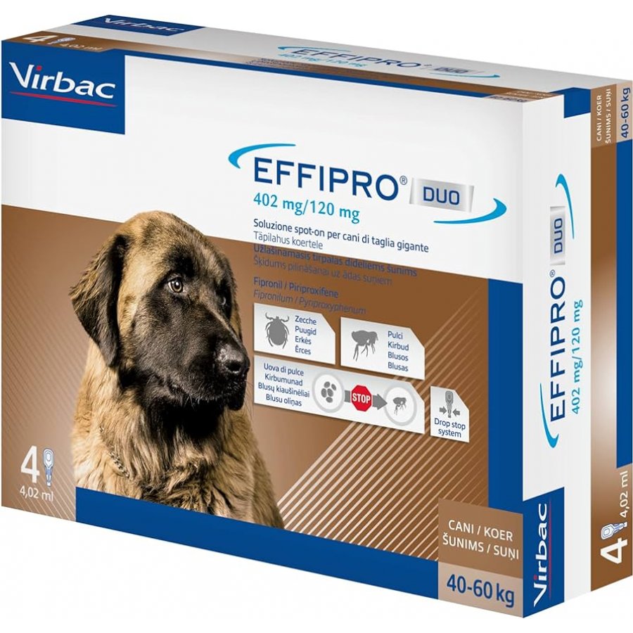 Effipro Duo Antiparassitario per Cani 4 Pipette da 4,02ml - Protezione Efficace per Cani da 40 a 60kg