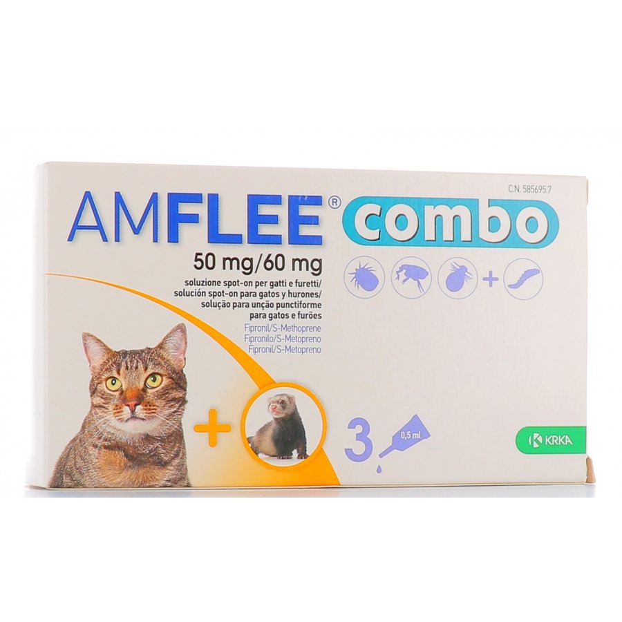 Amflee Combo Spot-On Soluzione per Gatti e Furetti 3 Pipette da 0,5ml - Antiparassitario per Gatti, Protezione Contro le Pulci e le Zecche