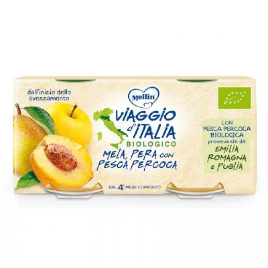 Viaggio d'Italia Mellin Mela Pera Pesca-Percoca 2x100g - Alimentazione Infantile - Gusto Frutta per Bambini