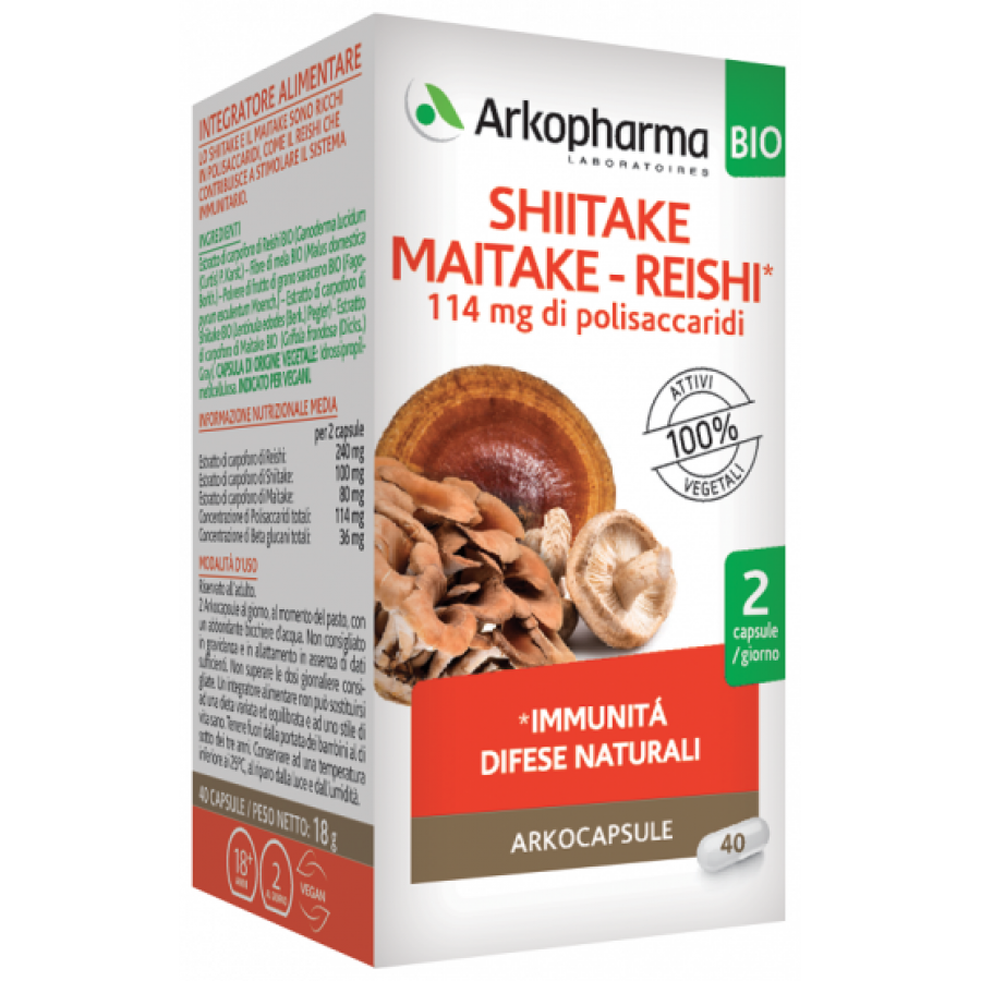 Arkopharma Shiitake Maitake E Reishi Bio 40 Capsule - Integratore Alimentare Vegano