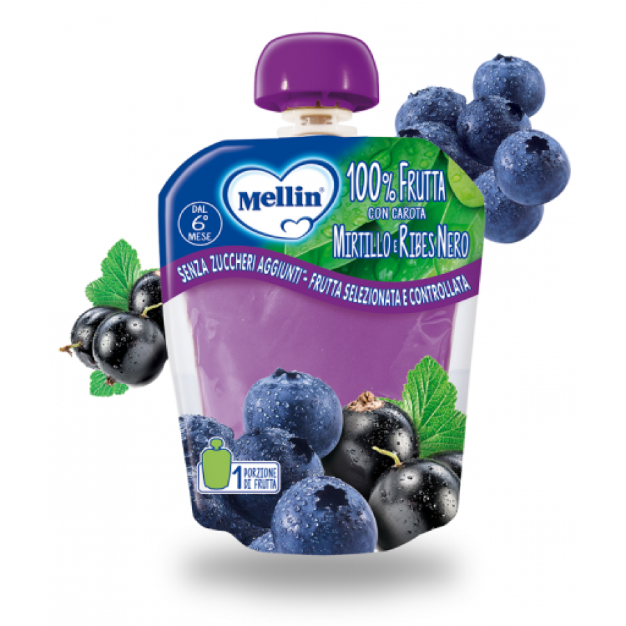 Mellin Pouch Mirtillo-Ribes 90g - Merenda per Bambini a Base di Purea di Frutta