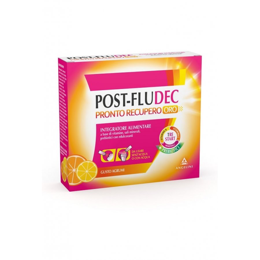 AngeliniPost-Fludec Pronto Recupero Oro 12 Bustine Gusto Agrumi - Integratore Alimentare con Vitamine e Minerali