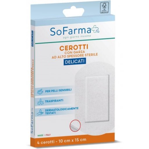 Sofarmapiù Cerotti Delicati 4 Pezzi 10x15cm - Cura Igiene con TNT Bianco, Garza ad Alto Spessore e Strato Antiaderente