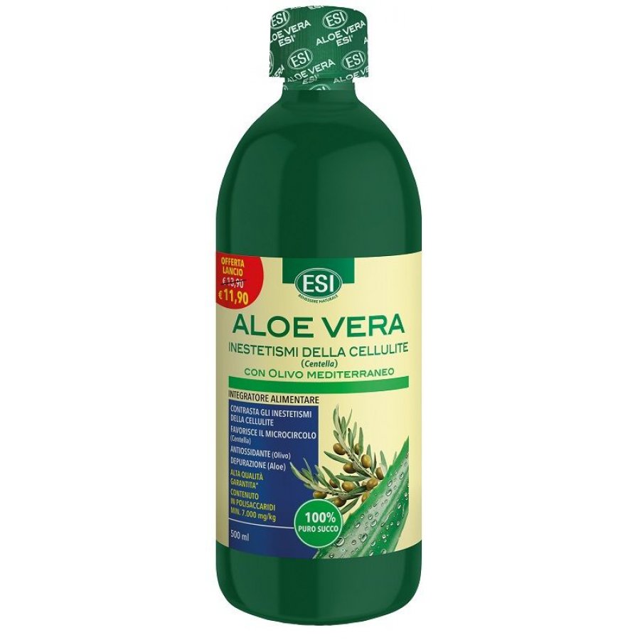 ESI Aloe Vera Succo Puro con Olivo e Centella, 500ml - Depurativo, Gusto Limone, Benessere Digestivo e Cellulite