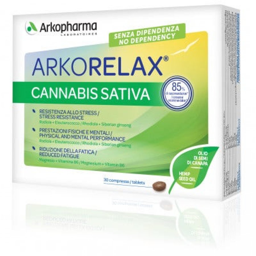 Arkopharma Arkorelax Cannabis Sativa Integratore Rilassante 30 Compresse - Integratore per lo Stress con Rodiola, Eleuterococco, Magnesio e Vitamina B6
