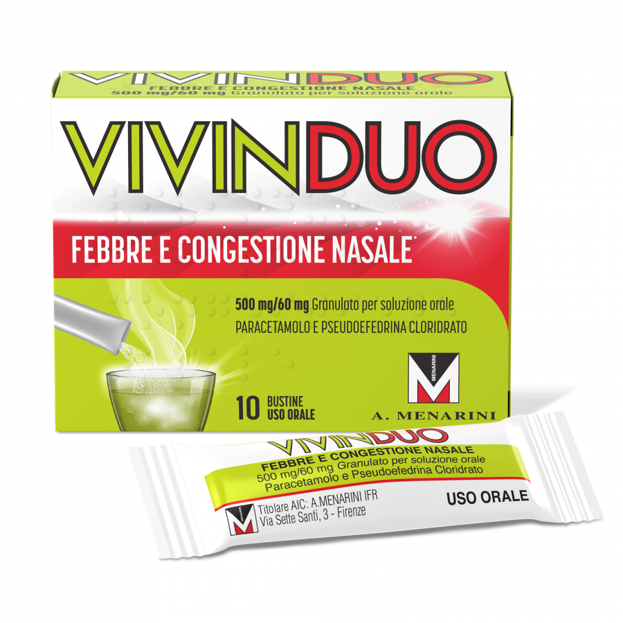 VivinDuo Febbre e Congestione Nasale - Paracetamolo 500 mg, Pseudoefedrina 60 mg, 10 Bustine