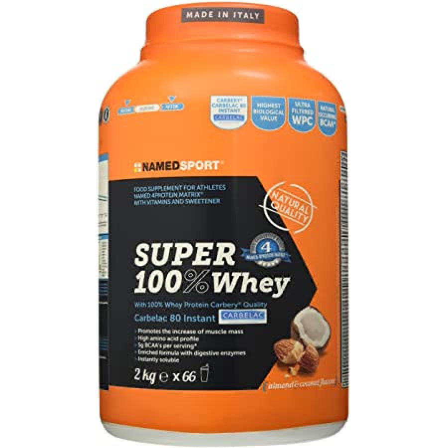 Named Sport - Super 100% Whey Cocco e Mandorla 2kg - Integratore Proteico ad Alto Contenuto di Proteine Whey Isolate e Concentrate per lo Sviluppo Muscolare