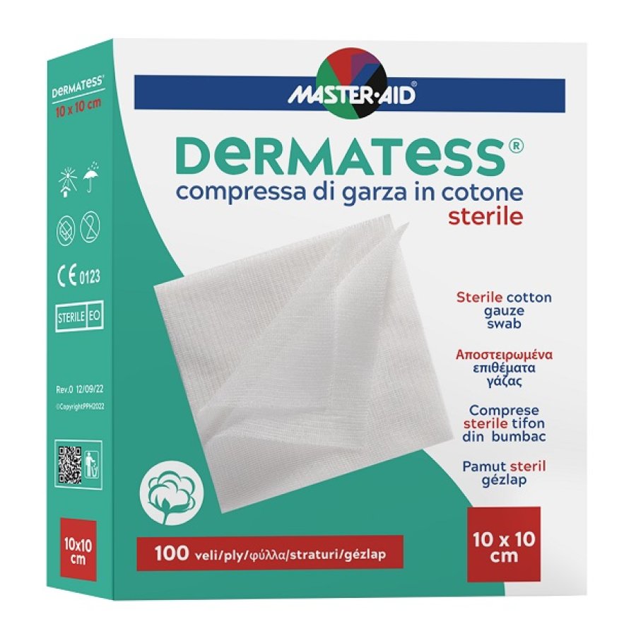 Master Aid&nbsp;Dermatess&nbsp;Compresse di Garza Sterile in Puro Cotone 10 x 10 cm, 100 Pezzi