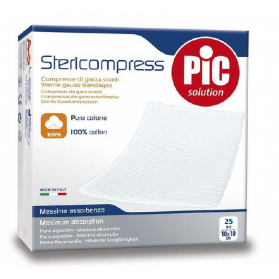 Pic Stericompress Garze Sterili Cotone 10x10 cm 25 Pezzi - Garze Sterili per Medicazione Domestica