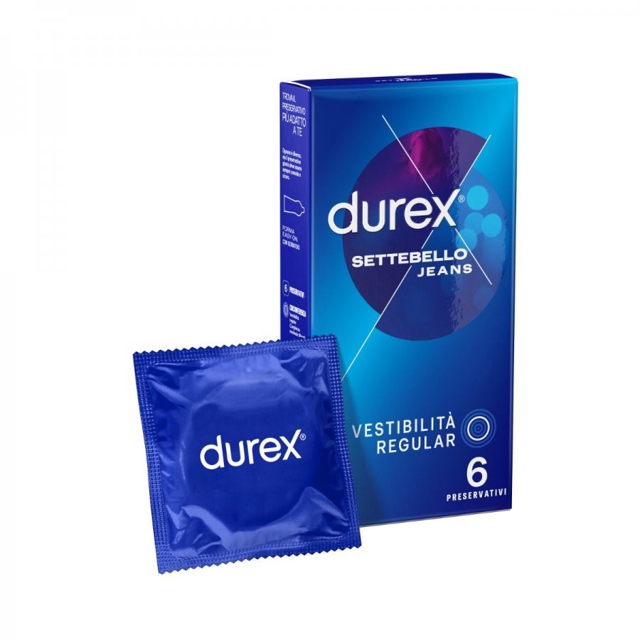 Durex Settebello Jeans Profilattico, Durex, 6 Pezzi, Profilattici Trasparenti e Lubrificati