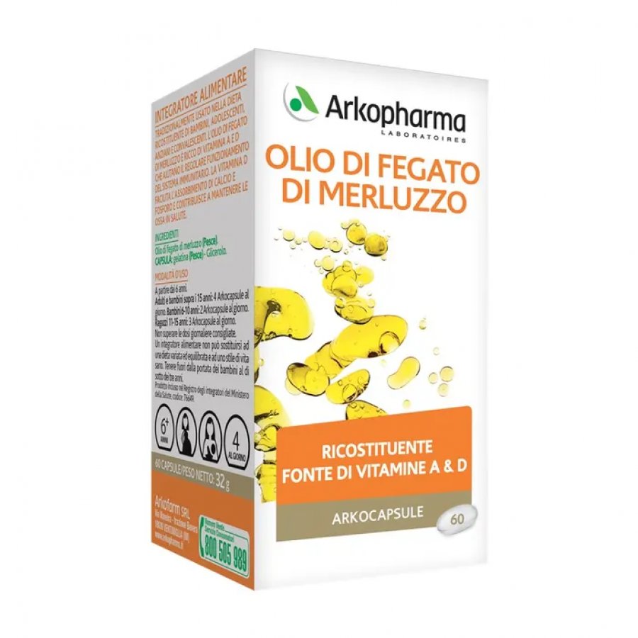 Arkopharma Olio di Fegato di Merluzzo 60 Perle - Integratore Alimentare Ricco di EPA, DHA e Vitamine A e D3