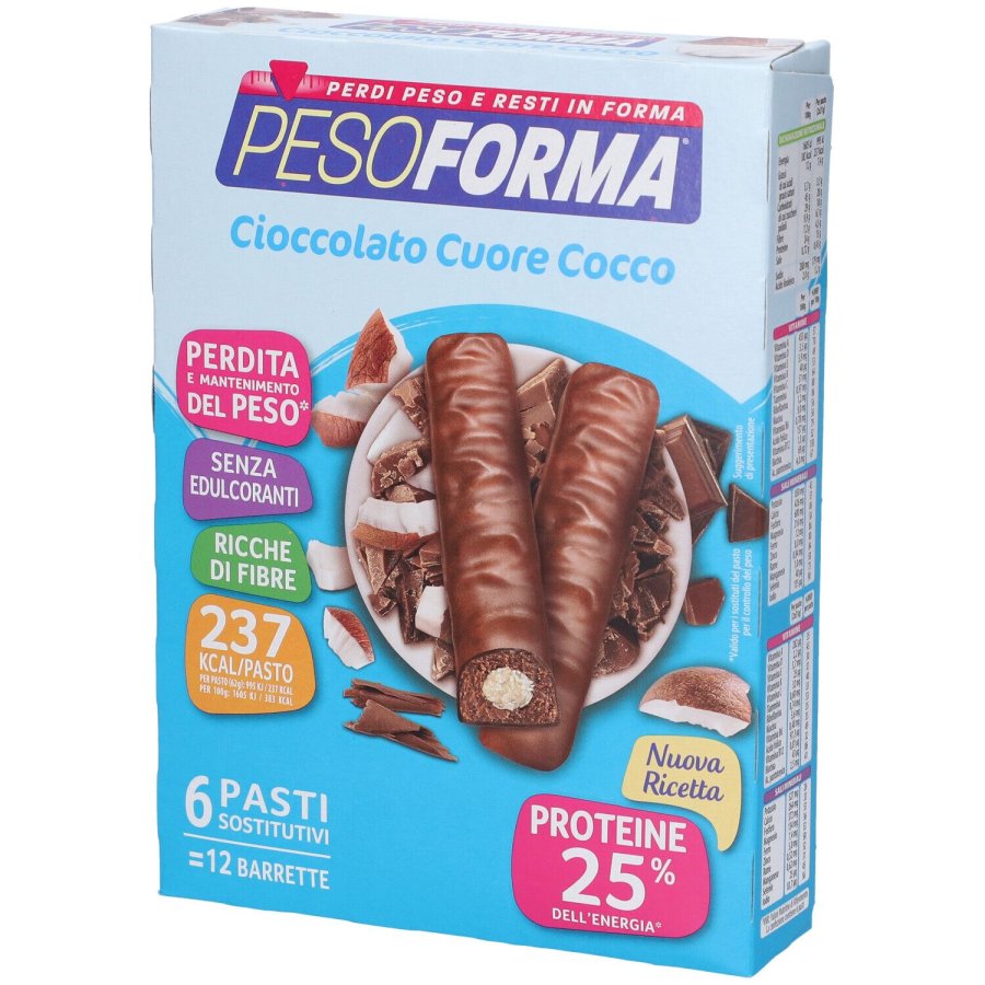 Pesoforma, Barrette al Cioccolato Cuore Gusto Cocco, 12 Pezzi