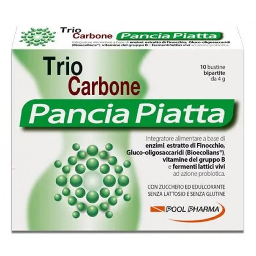 Triocarbone Pancia Piatta 10 Bustine Bipartite - Integratore Alimentare con Enzimi, Carbone Vegetale, Finocchio, Fermenti Lattici e Vitamine B