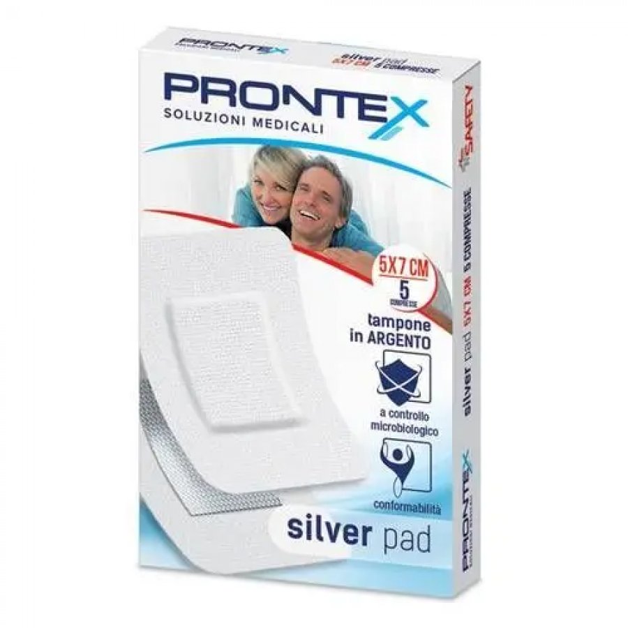 Prontex Cerotto Silver Pad 5x7cm, Prontex, Cerotti Sterili con Tampone in Argento, Controllo Microbiologico, 1 Pezzo