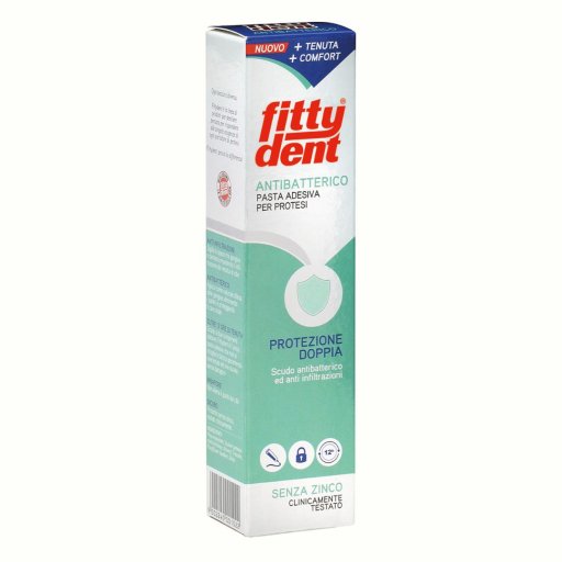 Fitty dent Nuova Formula Insolubile Adesivo per Protesi Dentale, 40g, Tenuta 12 Ore, Barriera Batterica