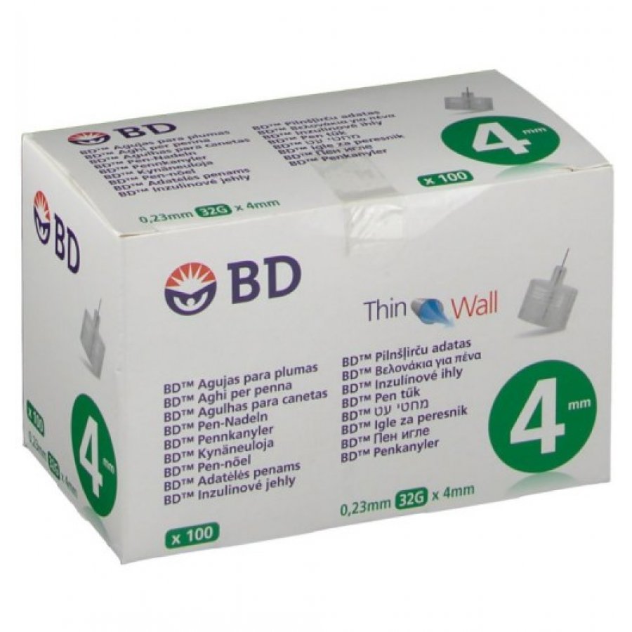 BD Thin Wall Aghi Per Penna Da Insulina 0,23mm G32 x 4mm - Confezione da 100 - Aghi Sottili per Somministrazione di Insulina Facile ed Efficace