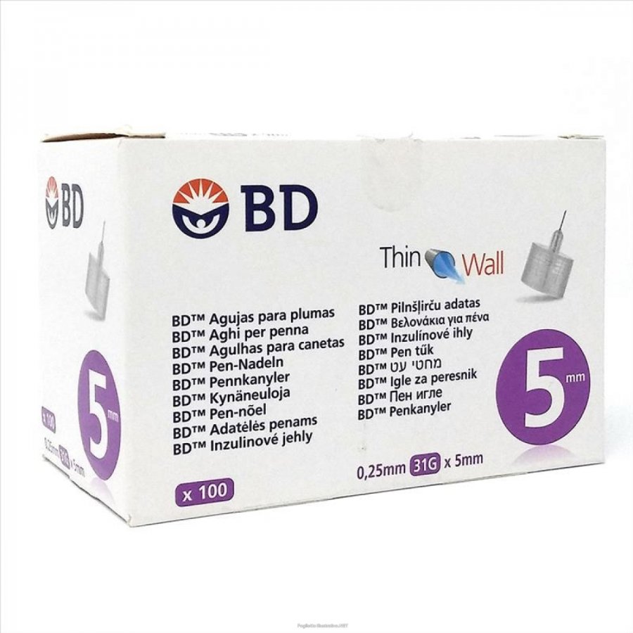 BD Thin Wall Aghi Per Penna Da Insulina 0,25mm 31G x 5mm - Confezione da 100 - Aghi Sottili per Somministrazione di Insulina Facile ed Efficace