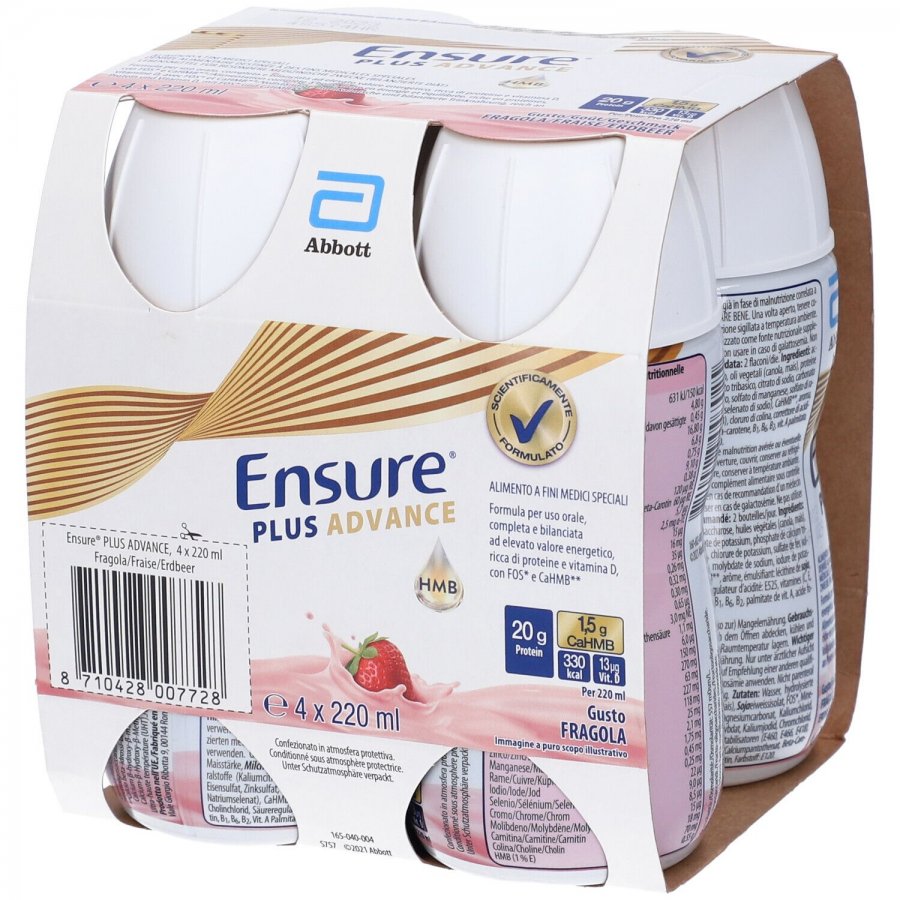 Ensure Plus Advance Supplemento Nutrizionale Gusto Fragola 4x220 ml - Supplemento Nutrizionale Orale Ipercalorico per il Recupero Muscolare