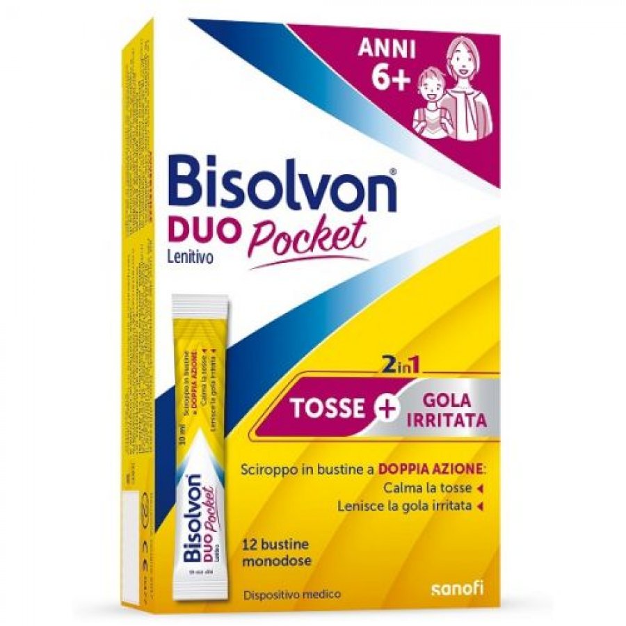 Bisolvon Duo Pocket New 12 Bustine - 2 in1 per Calmare la Tosse e la Gola Irritata