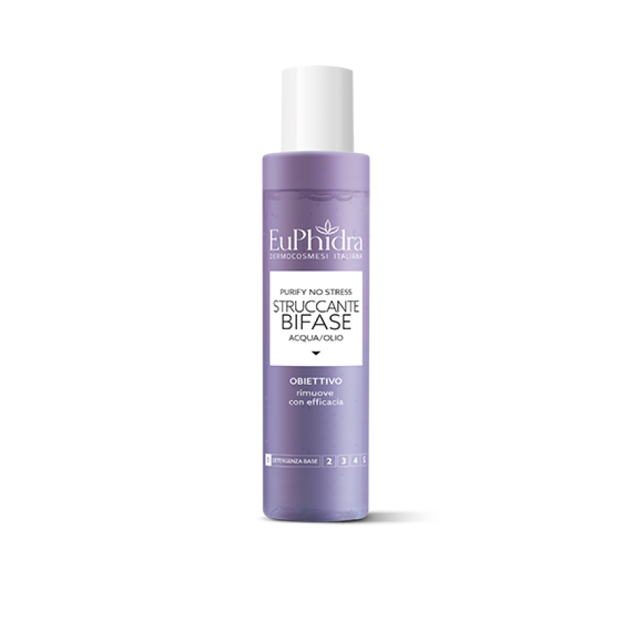 Euphidra Struccante Bifase Acqua-Olio Purify No Stress 150 ml - Struccante Efficace per Makeup Resistente, Pelle Sensibile