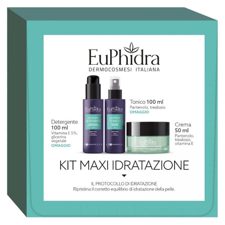 Euphidra Kit Maxi Idratazione con Crema 50 ml + Detergente 100 ml + Tonico 100 ml - Trattamento Completo di Idratazione Profonda