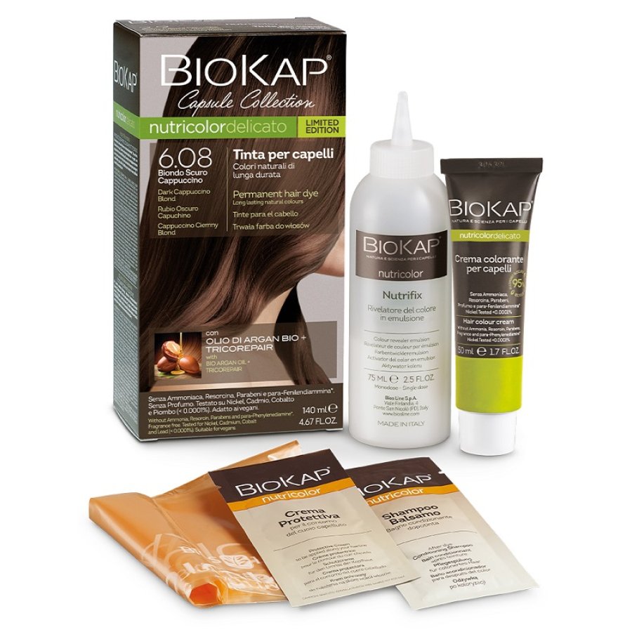 Biokap Nutricolor Delicato 6.08 Biondo scuro cappuccino, kit Tinta Capelli Permanente Biokap Nutricolor Delicato 6.08 Biondo scuro cappuccino, kit Tinta Capelli Permanente