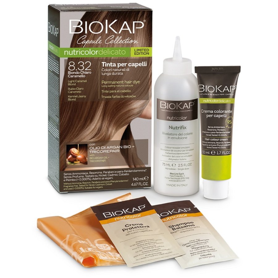Biokap Nutricolor Delicato Tinta Capelli 8,32, Kit Monodose con Tricorepair, Crema Colorante 50 ml + Rivelatore 75 ml Biokap Nutricolor Delicato Tinta Capelli 8,32, Kit Monodose con Tricorepair, Crema Colorante 50 ml + Rivelatore 75 ml