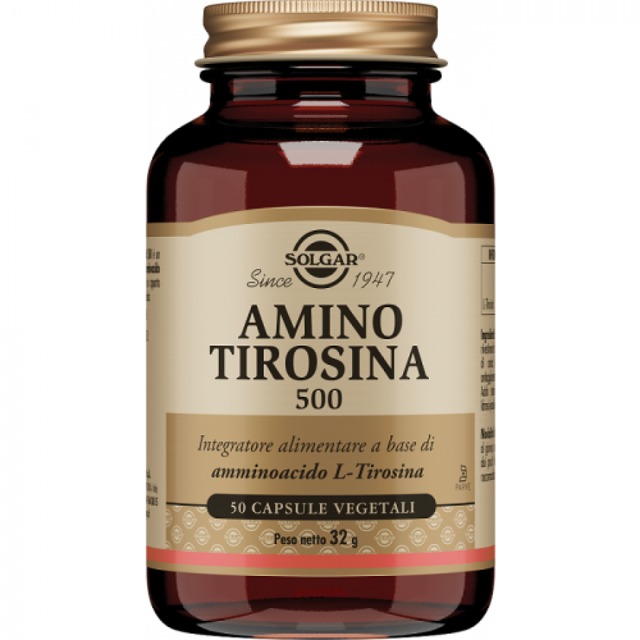Solgar - Amino Tirosina 500, 50 Capsule Vegetali - Integratore di Aminoacido Tirosina per la Concentrazione e l'Energia