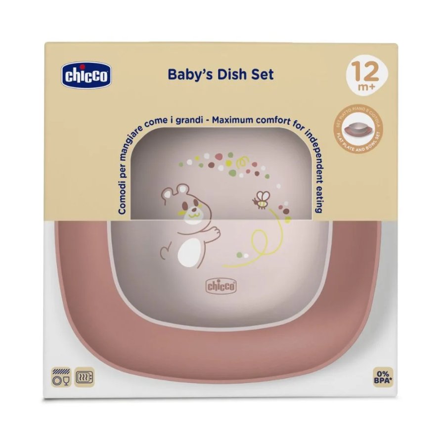 Chicco Set Piatti Bambino Rosa 12m+, 2 pezzi ciotola e piatto cena