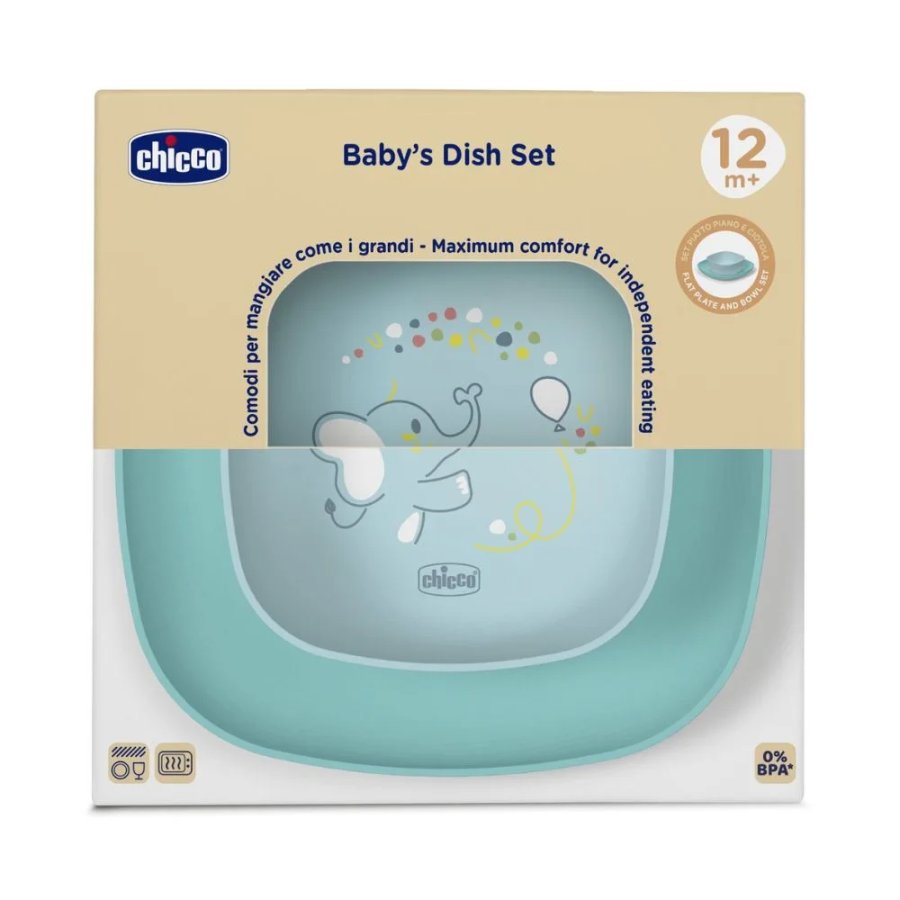 Chicco Set Piatti Bambino Azzurro 12m+, 2 pezzi ciotola e piatto cena