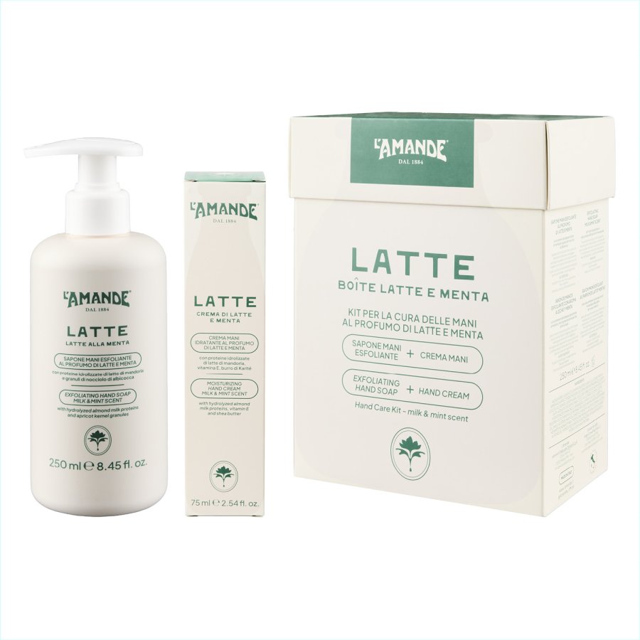 L'Amande Latte Kit Cura Mani, sapone mani esfoliante 250 + crema mani idratante 75 ml L'Amande Latte Kit Cura Mani, sapone mani esfoliante 250 + crema mani idratante 75 ml