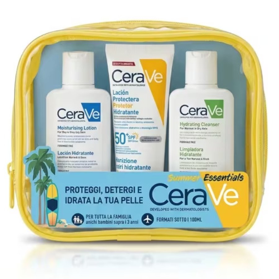 CeraVe Pochette Solare SPF50+ kit protezione solare + detergente + lozione idratante, 75 ml + 88 ml + 88 ml