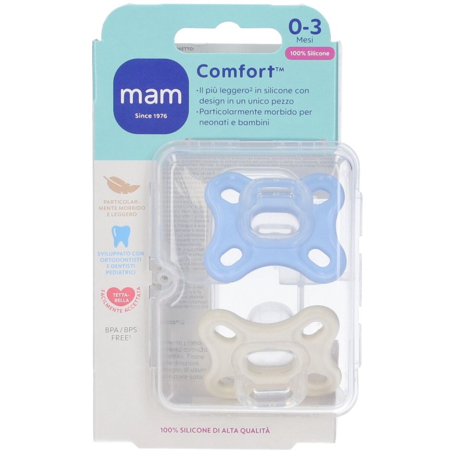MAM Succhietto Comfort 0-3 M Blue & Neutral, 2 Pezzi MAM Succhietto Comfort 0-3 M Blue & Neutral, 2 Pezzi