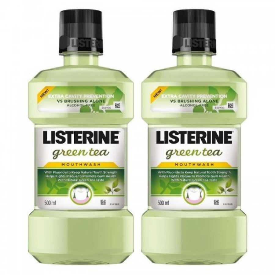 Listerine Green Tea Protezione Anti-Carie Pacco Doppio 500ml x2 - Collutorio con Fluoruro e Tè Verde