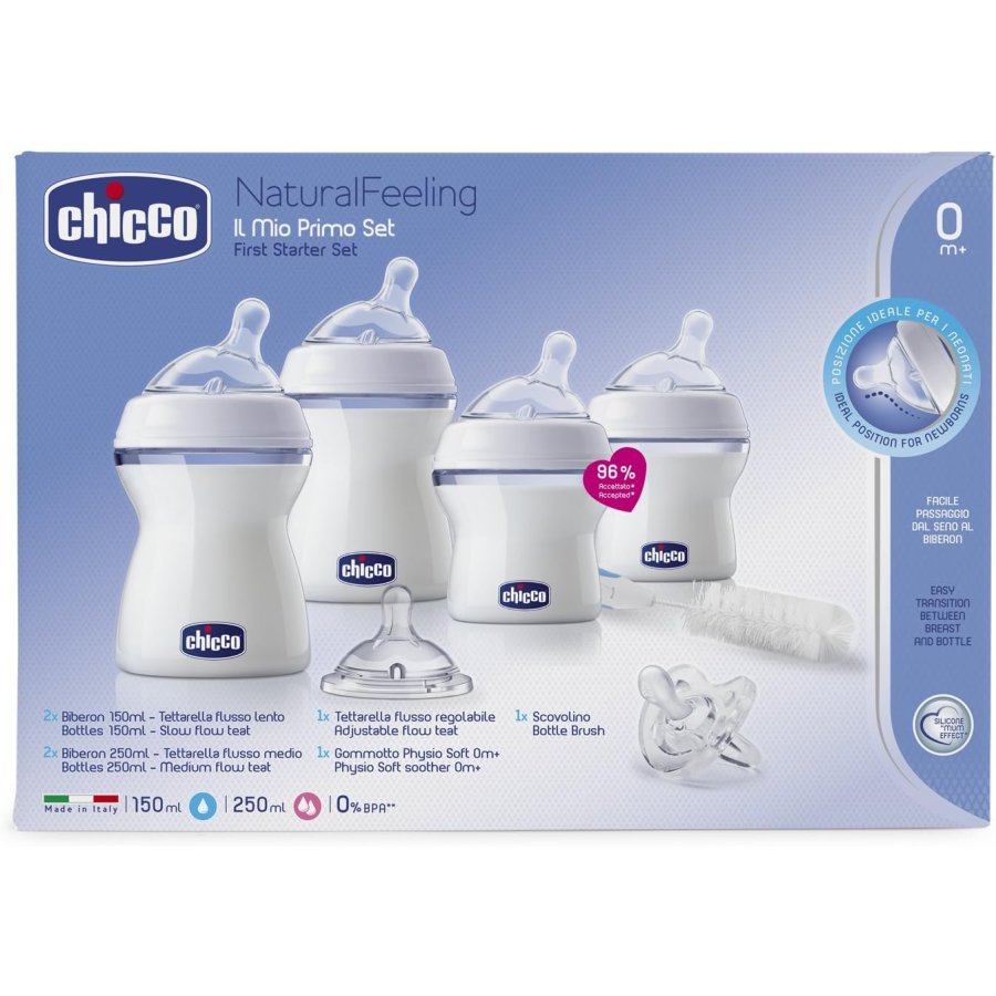 Chicco NaturalFeeling Set starter con biberon, tettarelle e scopino, 0 m+