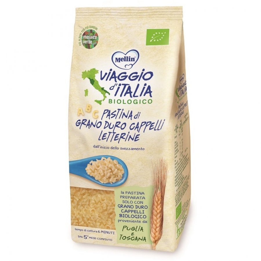 Mellin Viaggio D'Italia Pasta Letterine Cappelli - 320g 5Mesi+ - Pasta di Grano Duro