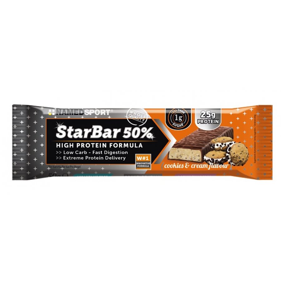 Named Sport - StarBar 50% Cookies & Cream 50g - Barretta Proteica con Gusto Cookies & Cream, 50g di Energia e Gusto per Sportivi