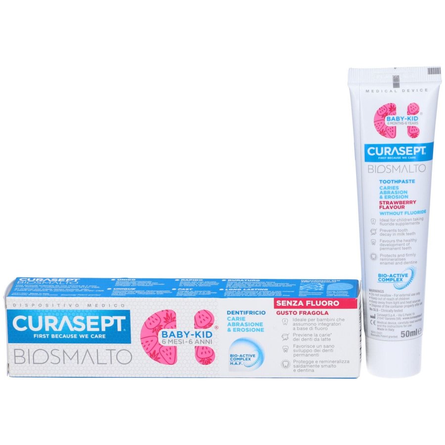 Curasept Biosmalto Baby Kid Dentifricio Bambini Gusto Fragola Senza Fluoro, 50ml