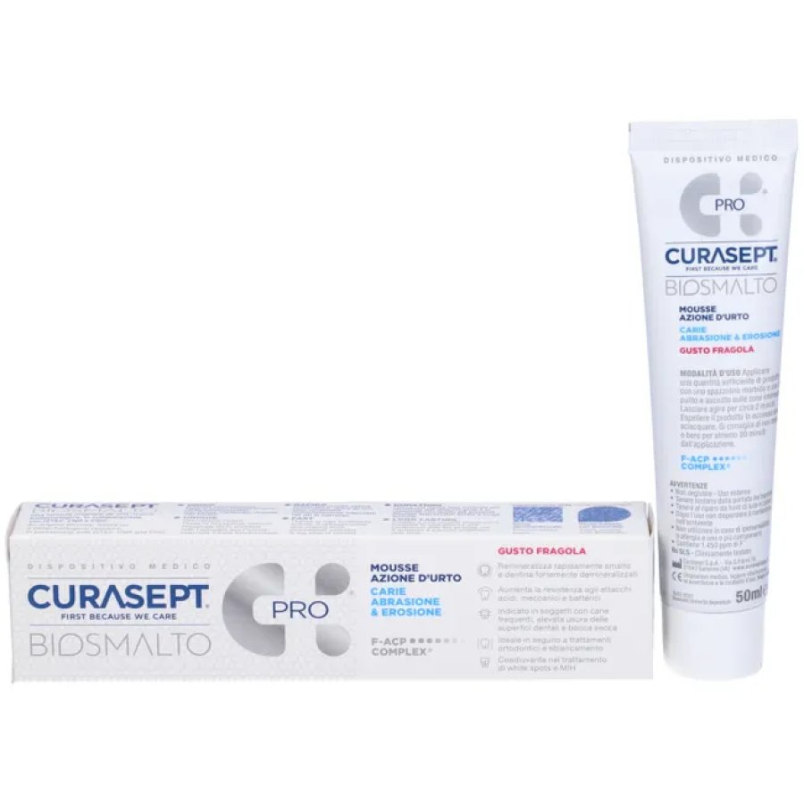 Curasept Biosmalto Carie Abrasione Erosione Mousse Azione D’Urto Fragola, 50ml